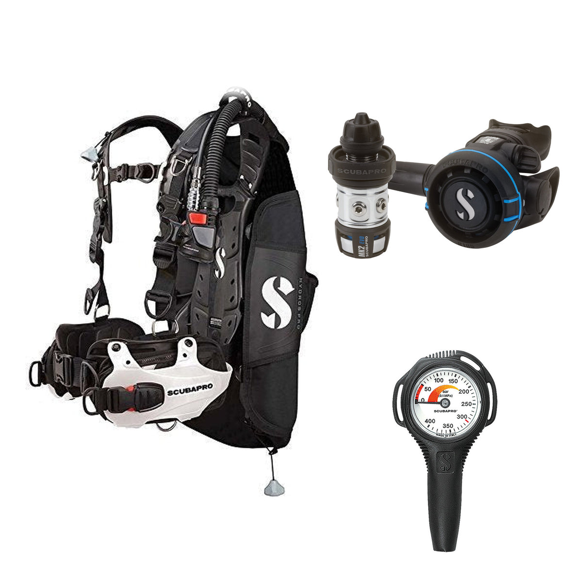 SCUBAPRO MK2 EVO / R105 regulator set with R105 octopus and Hydros Pro Mens BCD in white, with Compact SPG
