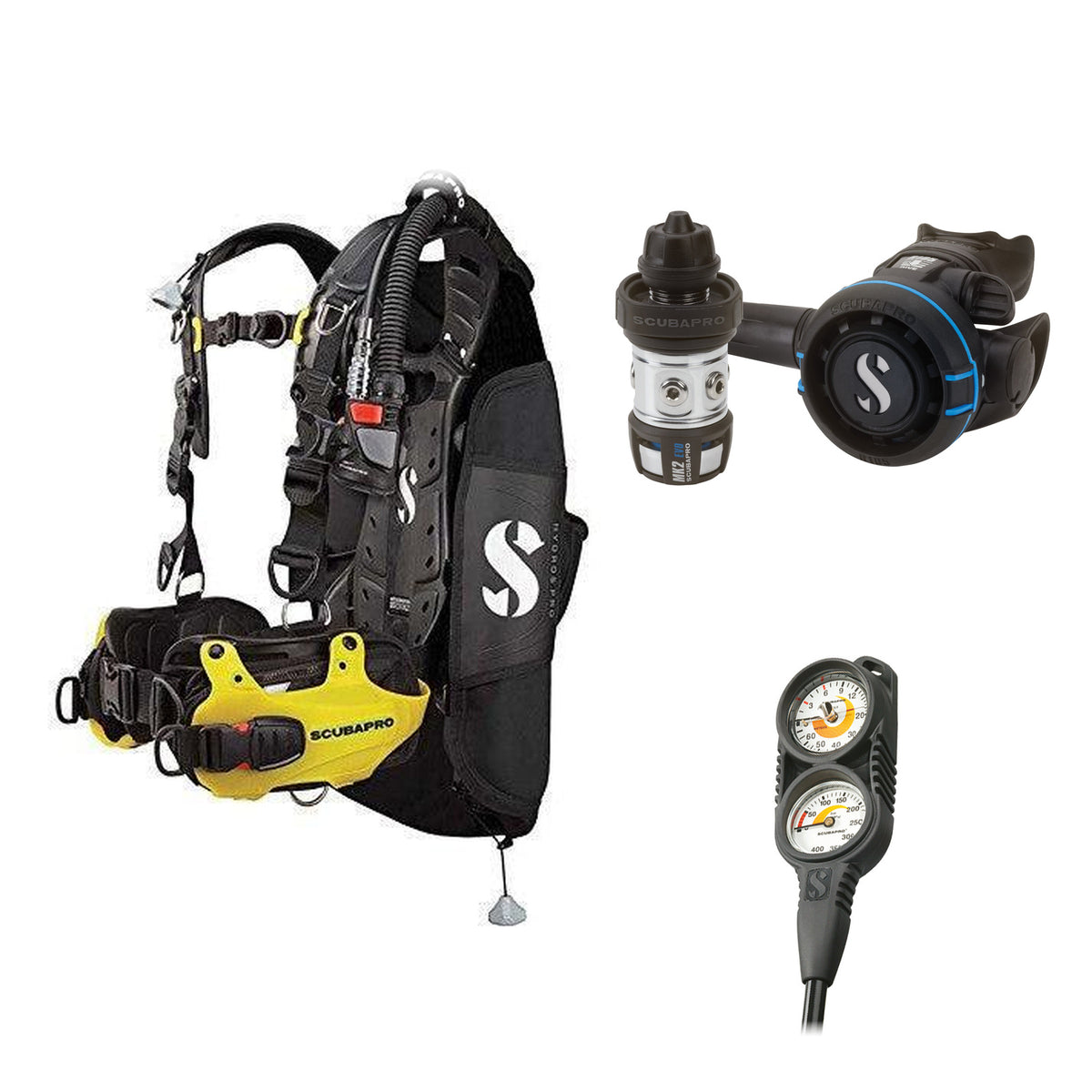 SCUBAPRO MK2 EVO / R105 regulator set with R105 octopus and Hydros Pro Mens BCD in yellow, with Compact Combo 2