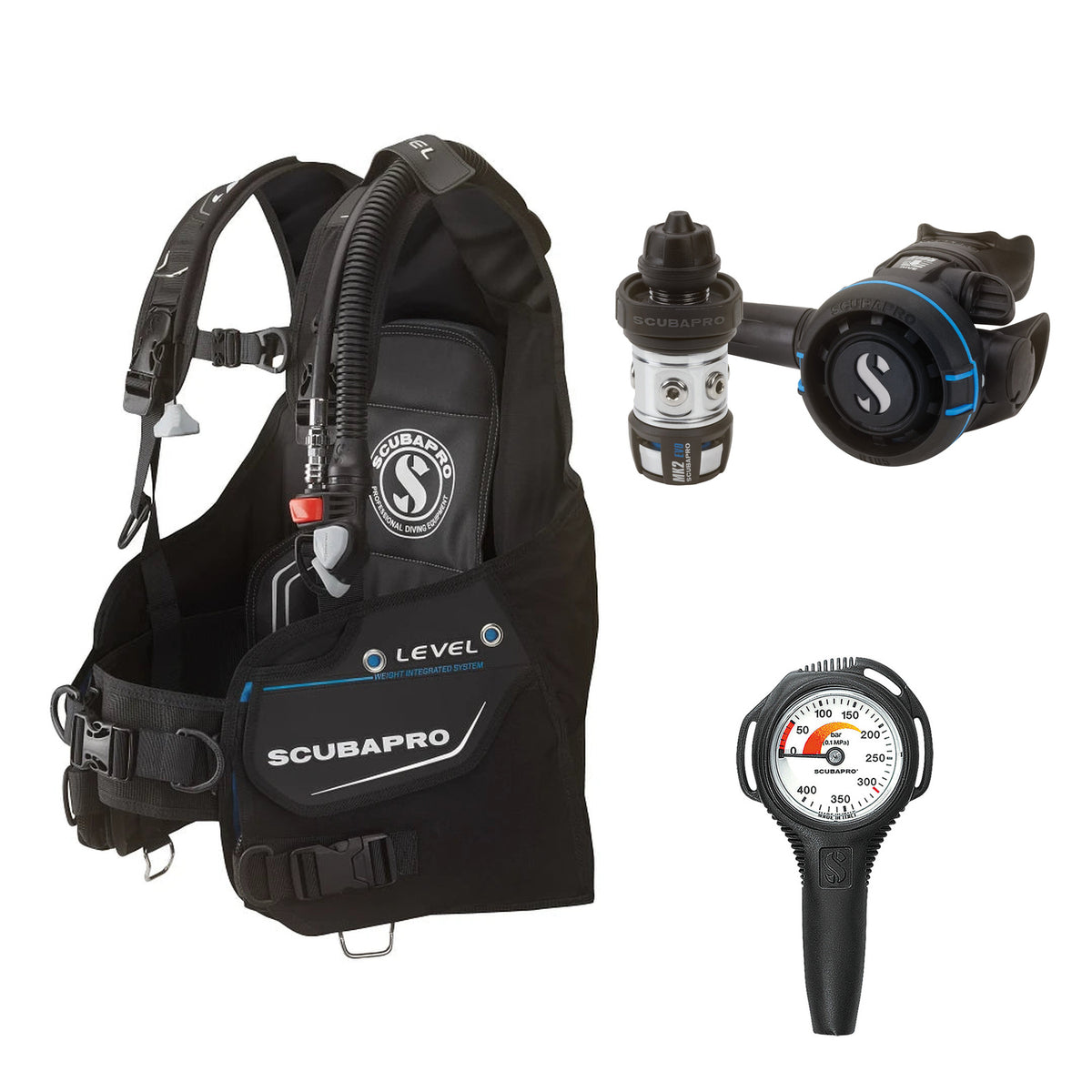 SCUBAPRO MK2 EVO / R105 regulator set with R105 octopus and Level BCD, with Compact SPG
