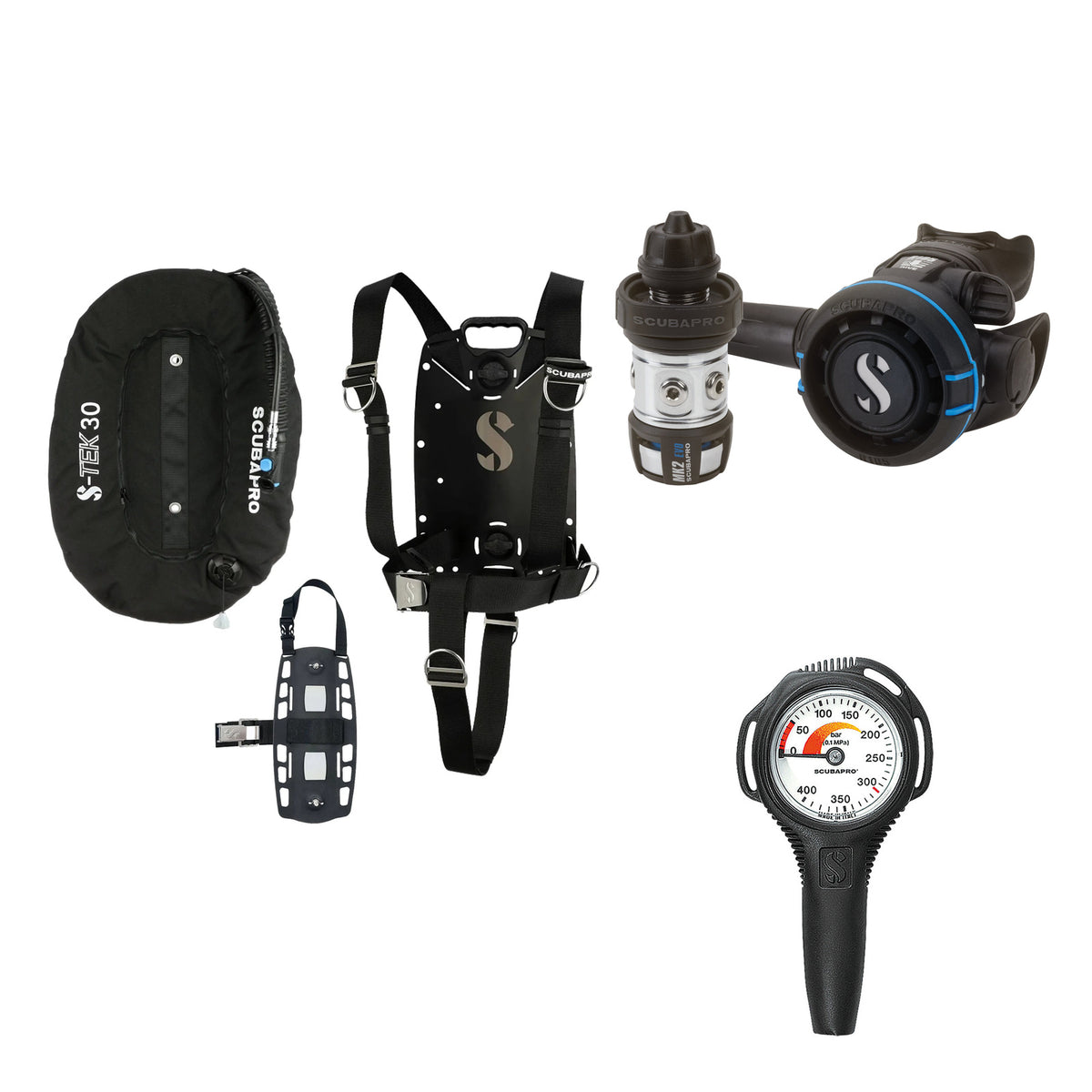 SCUBAPRO MK2 EVO / R105 regulator set with R105 octopus and S-TEK Pure BCD (aluminium), with Compact SPG