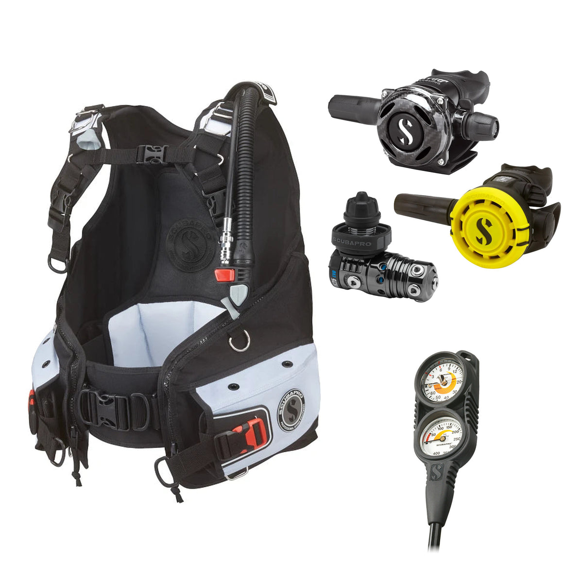 SCUBAPRO MK25 EVO / A700 Carbon BT regulator set with R105 octopus and Bella BCD, with Compact Combo 2