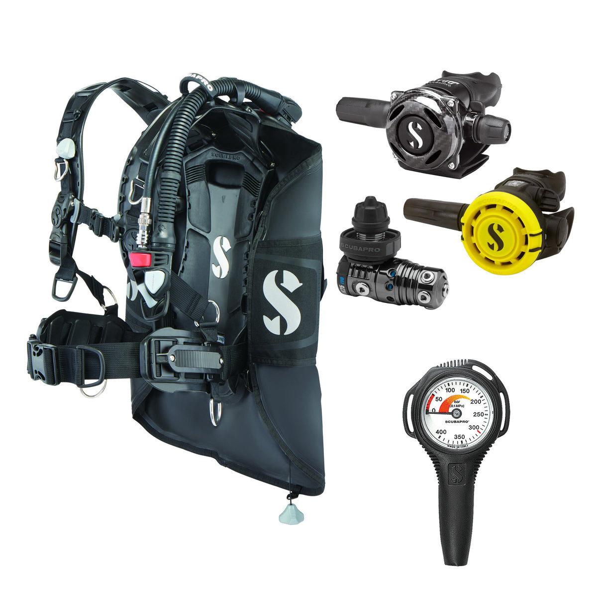SCUBAPRO MK25 EVO / A700 Carbon BT regulator set with R105 octopus and Hydros Pro 2 BCD, with Compact SPG