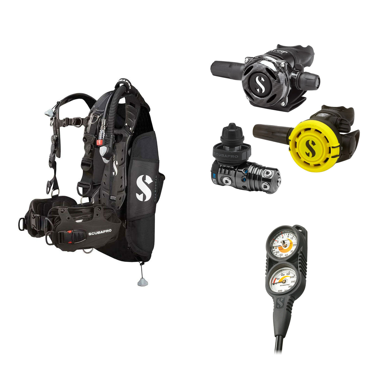 SCUBAPRO MK25 EVO / A700 Carbon BT regulator set with R105 octopus and Hydros Pro Ladies BCD in black, with Compact Combo 2