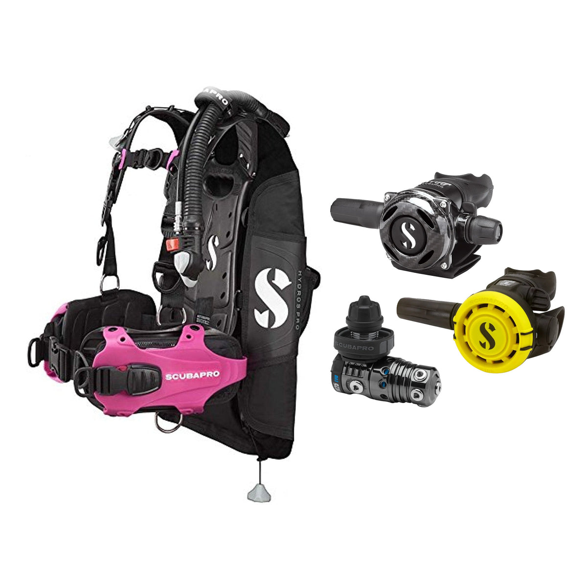 SCUBAPRO MK25 EVO / A700 Carbon BT regulator set with R105 octopus and Hydros Pro Ladies BCD in pink