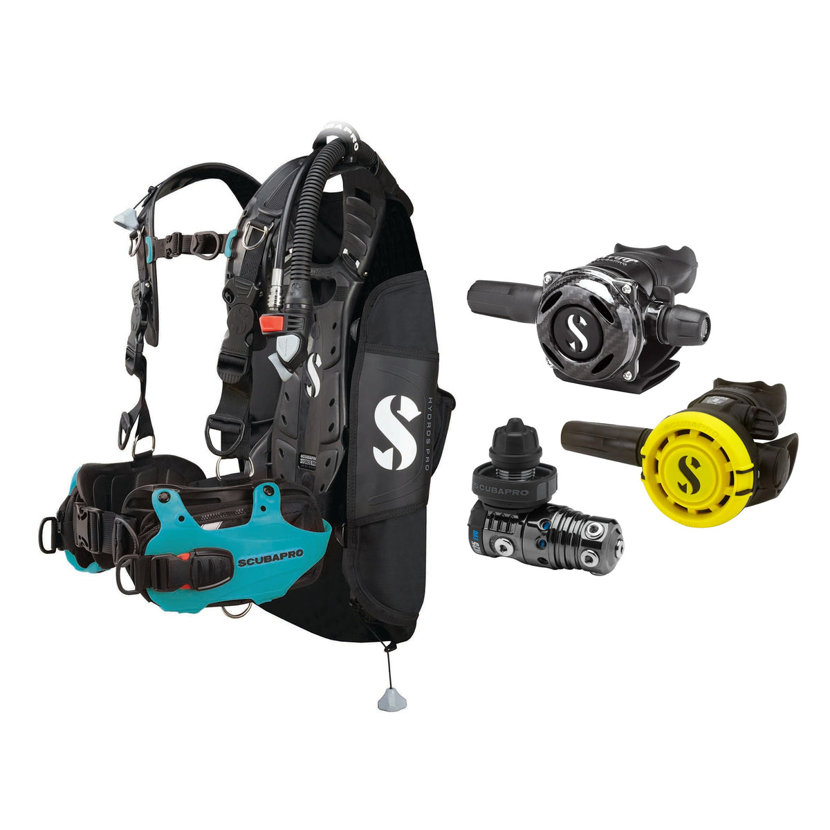 SCUBAPRO MK25 EVO / A700 Carbon BT regulator set with R105 octopus and Hydros Pro Ladies BCD in turquoise
