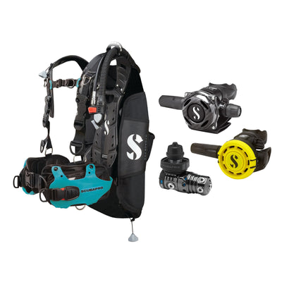 SCUBAPRO MK25 EVO / A700 Carbon BT regulator set with R105 octopus and Hydros Pro Ladies BCD in turquoise