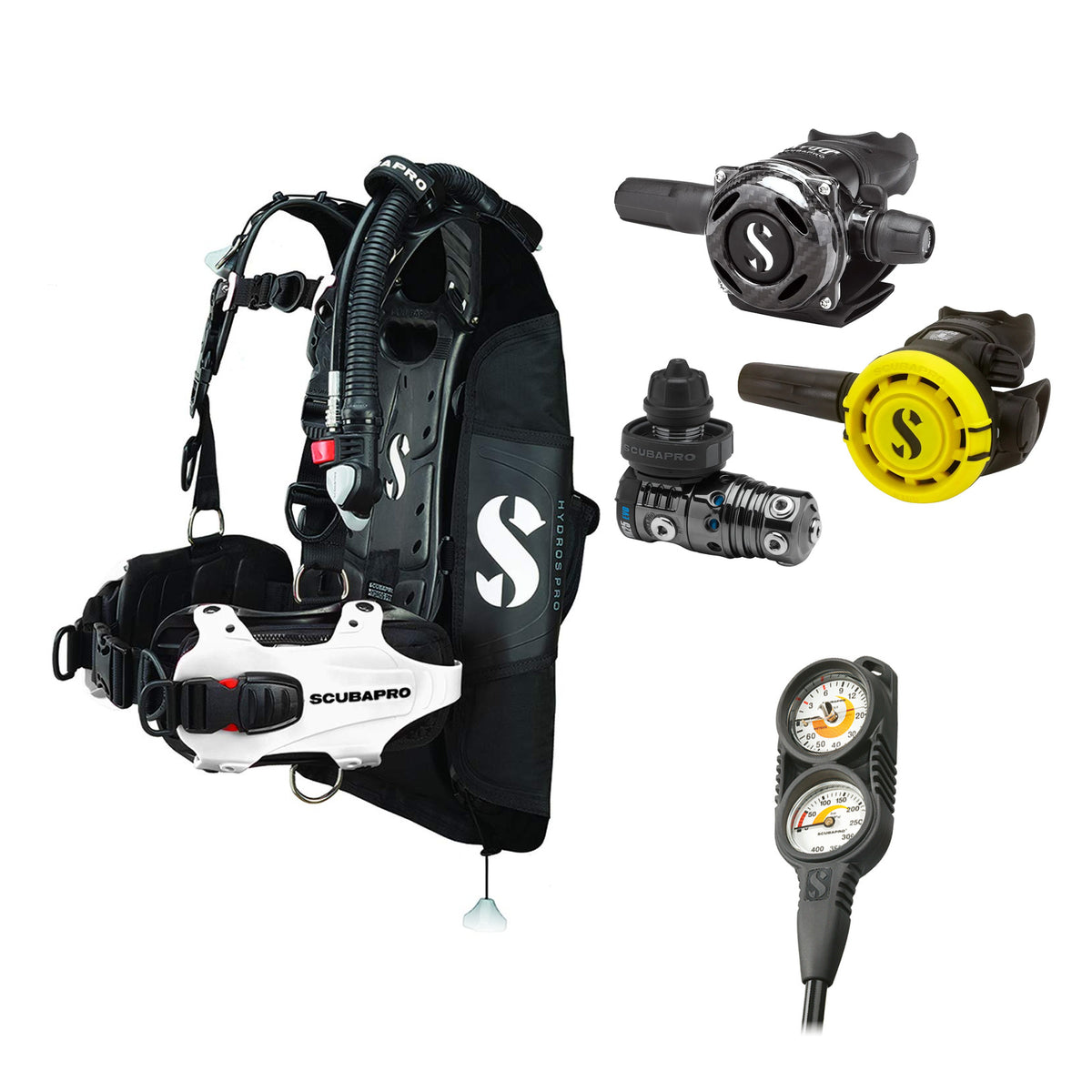 SCUBAPRO MK25 EVO / A700 Carbon BT regulator set with R105 octopus and Hydros Pro Ladies BCD in white, with Compact Combo 2