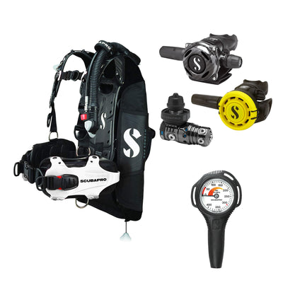 SCUBAPRO MK25 EVO / A700 Carbon BT regulator set with R105 octopus and Hydros Pro Ladies BCD in white, with Compact SPG