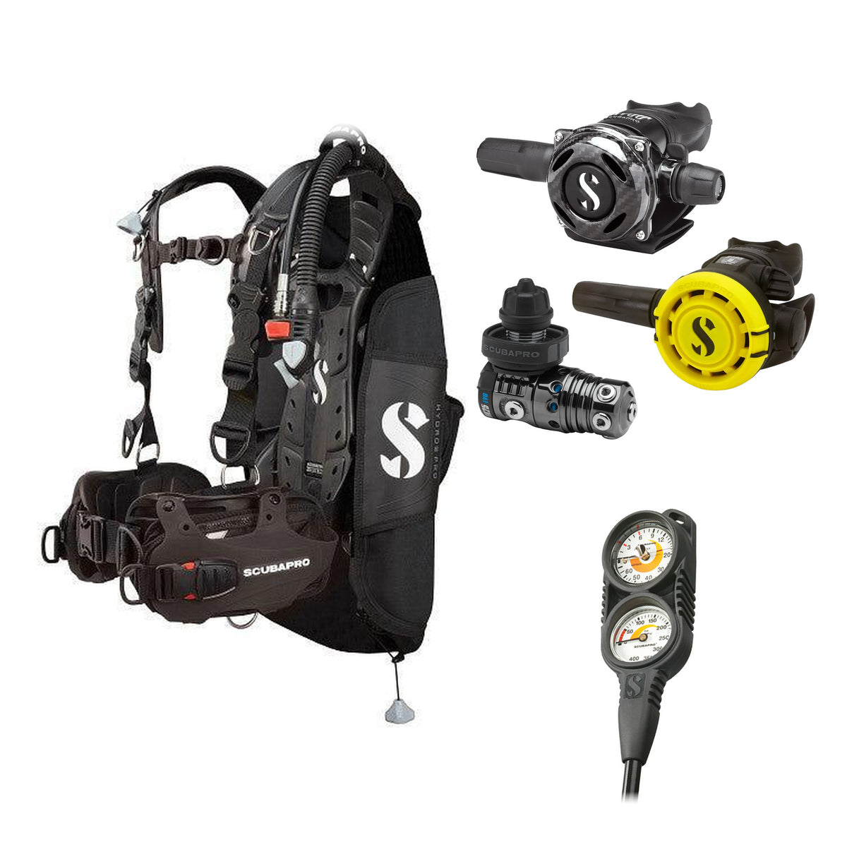 SCUBAPRO MK25 EVO / A700 Carbon BT regulator set with R105 octopus and Hydros Pro Mens BCD in all black, with Compact Combo 2