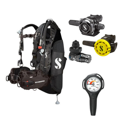 SCUBAPRO MK25 EVO / A700 Carbon BT regulator set with R105 octopus and Hydros Pro Mens BCD in all black, with Compact SPG
