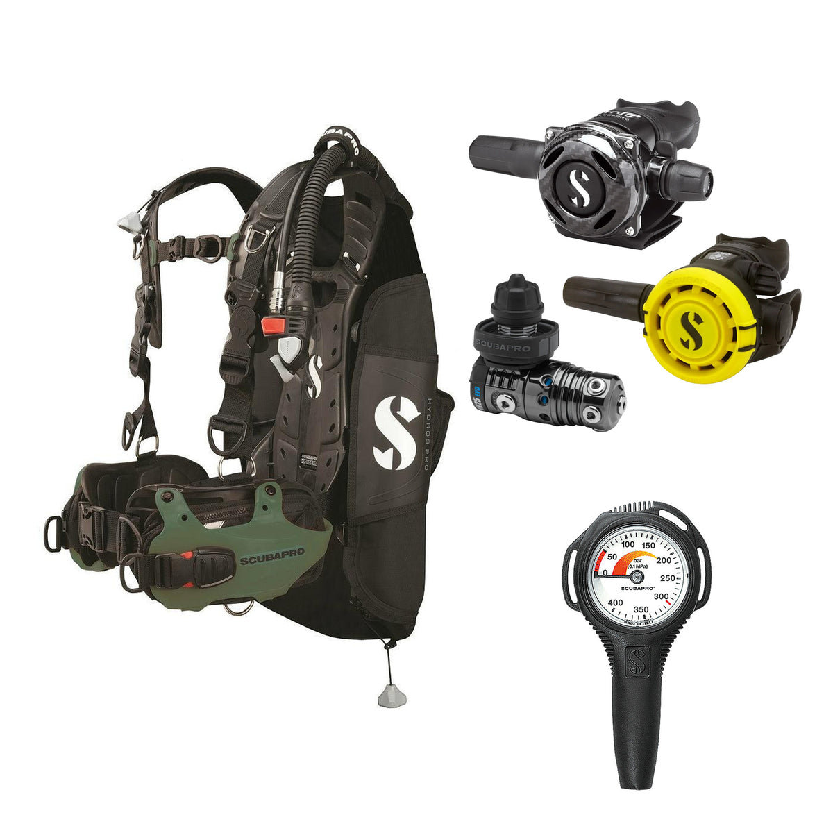 SCUBAPRO MK25 EVO / A700 Carbon BT regulator set with R105 octopus and Hydros Pro Mens BCD in army green, with Compact SPG