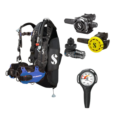 SCUBAPRO MK25 EVO / A700 Carbon BT regulator set with R105 octopus and Hydros Pro Mens BCD in blue, with Compact SPG