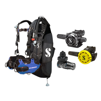 SCUBAPRO MK25 EVO / A700 Carbon BT regulator set with R105 octopus and Hydros Pro Mens BCD in blue