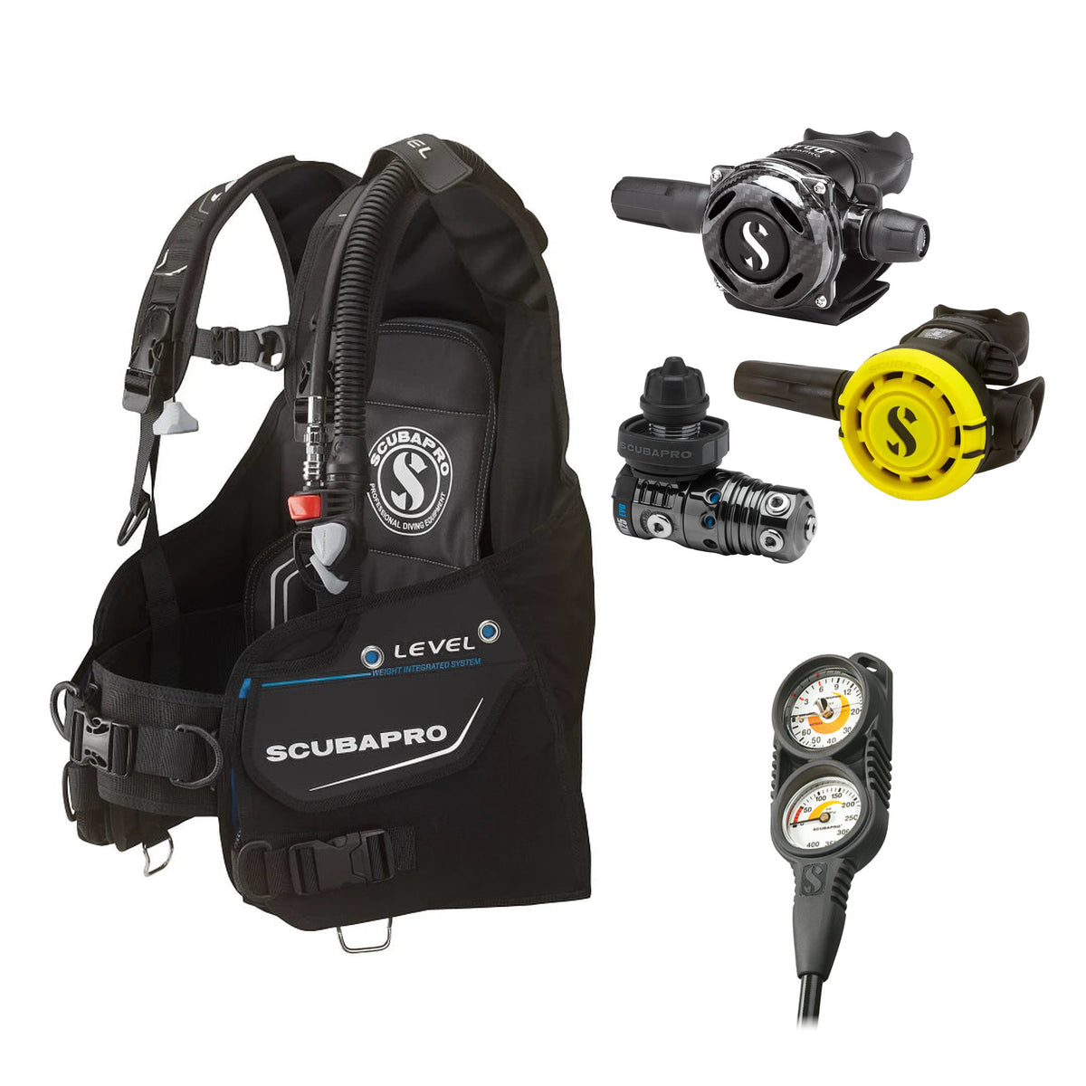 SCUBAPRO MK25 EVO / A700 Carbon BT regulator set with R105 octopus and Level BCD, with Compact Combo 2