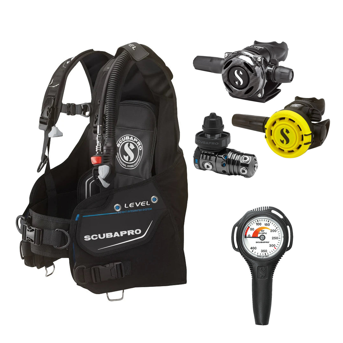 SCUBAPRO MK25 EVO / A700 Carbon BT regulator set with R105 octopus and Level BCD, with Compact SPG