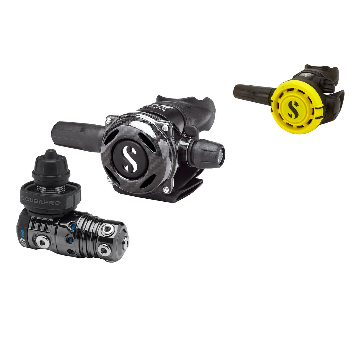 SCUBAPRO MK25 EVO BT / A700 Carbon Black Tech regulator with yellow R105 octopus