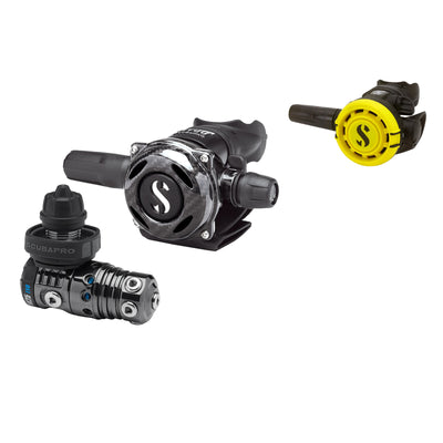 SCUBAPRO MK25 EVO BT / A700 Carbon Black Tech regulator with yellow R105 octopus
