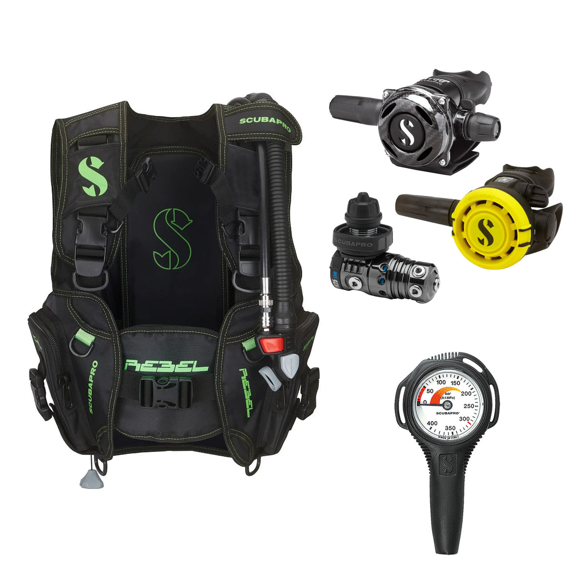 SCUBAPRO MK25 EVO / A700 Carbon BT regulator set with R105 octopus and Rebel V2 BCD