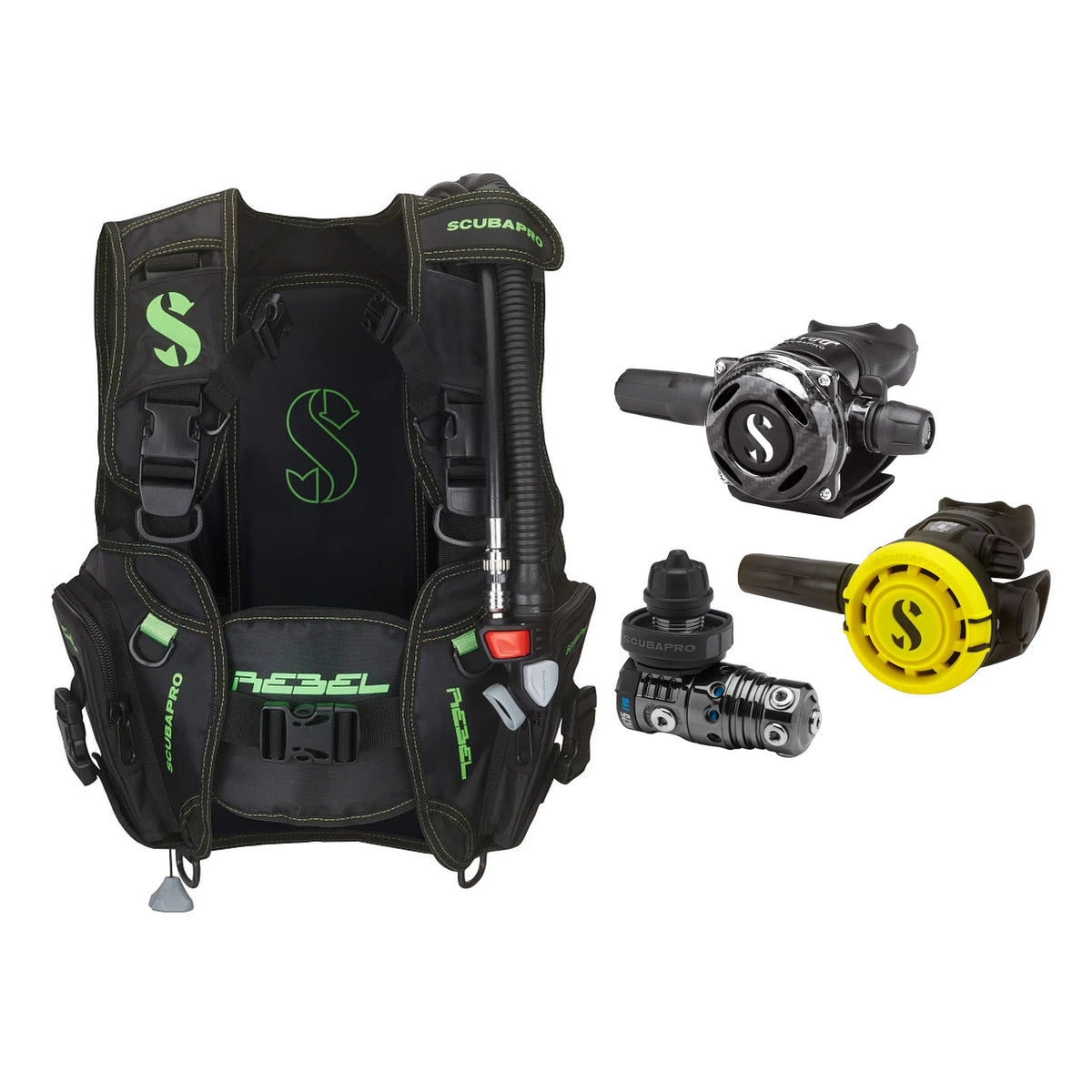 SCUBAPRO MK25 EVO / A700 Carbon BT regulator set with R105 octopus and Rebel V2 BCD