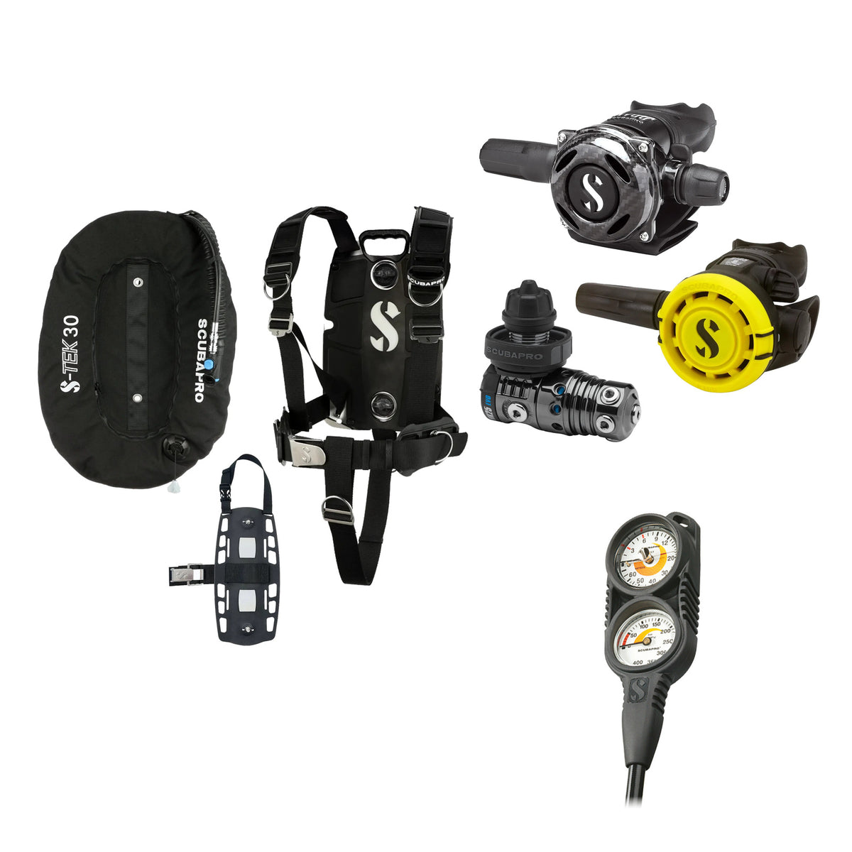 SCUBAPRO MK25 EVO / A700 Carbon BT regulator set with R105 octopus and S-TEK Pro BCD (stainless steel)