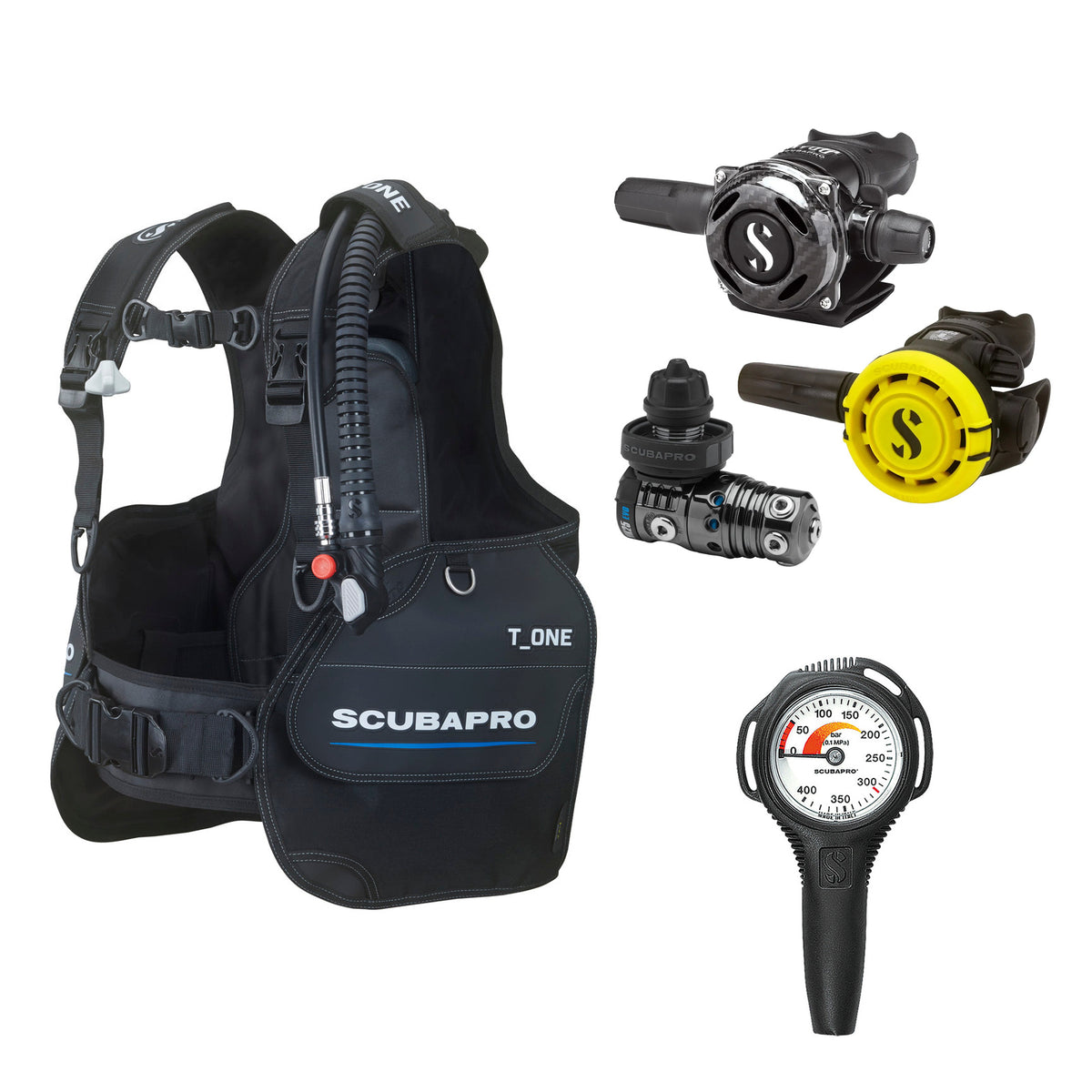 SCUBAPRO MK25 EVO / A700 Carbon BT regulator set with R105 octopus and T-One BCD, with Compact SPG