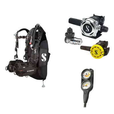 SCUBAPRO MK25 EVO / A700 regulator set with R105 octopus and Hydros Pro Ladies BCD in black, with Compact Combo 2