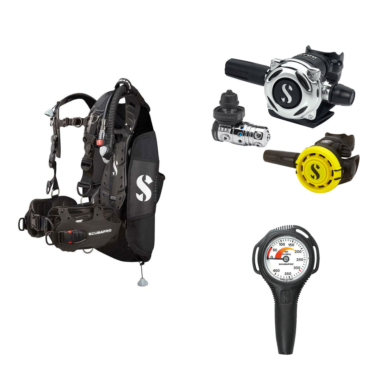 SCUBAPRO MK25 EVO / A700 regulator set with R105 octopus and Hydros Pro Ladies BCD in black, with Compact SPG