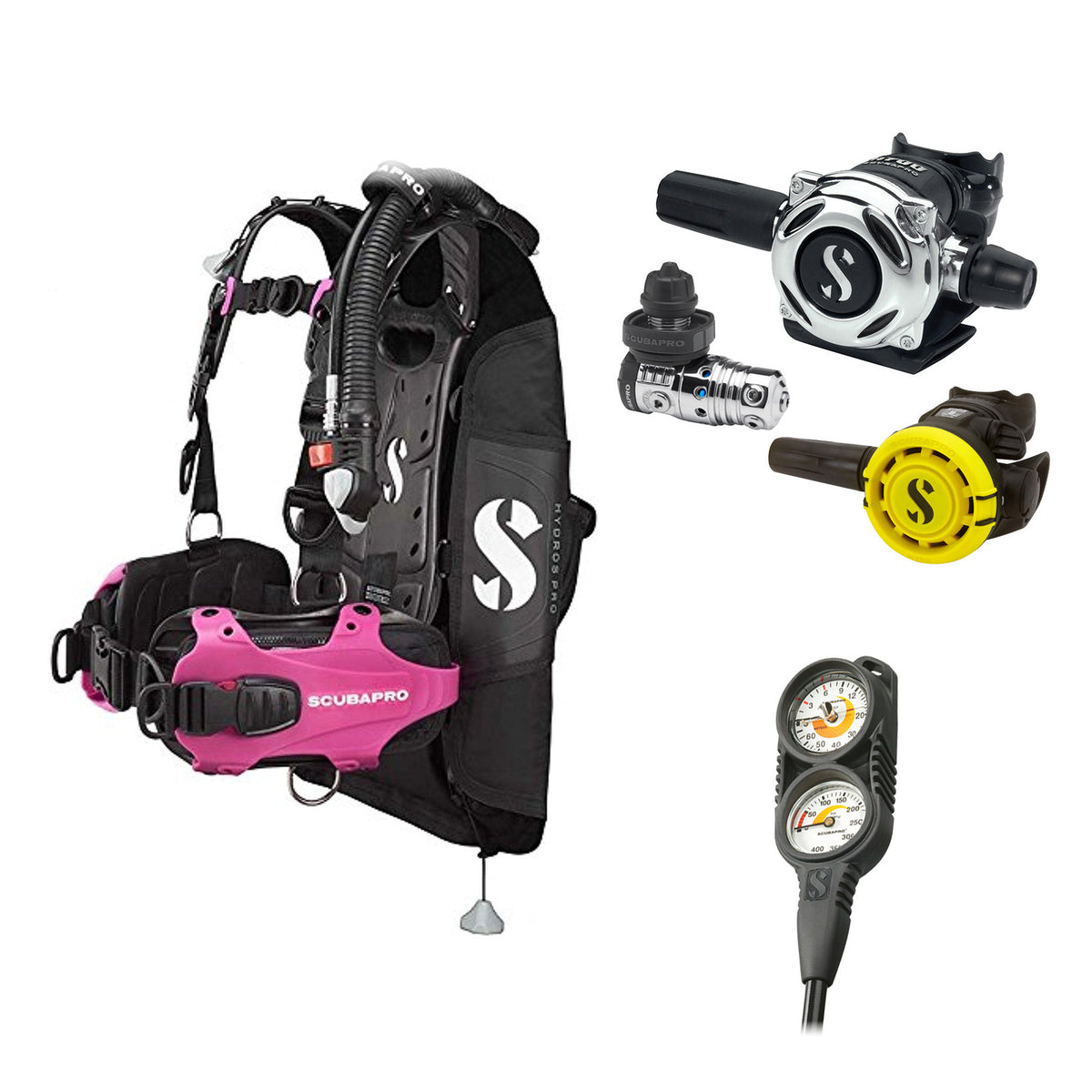 SCUBAPRO MK25 EVO / A700 regulator set with R105 octopus and Hydros Pro Ladies BCD in pink, with Compact Combo 2