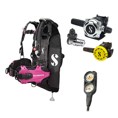 SCUBAPRO MK25 EVO / A700 regulator set with R105 octopus and Hydros Pro Ladies BCD in pink, with Compact Combo 2