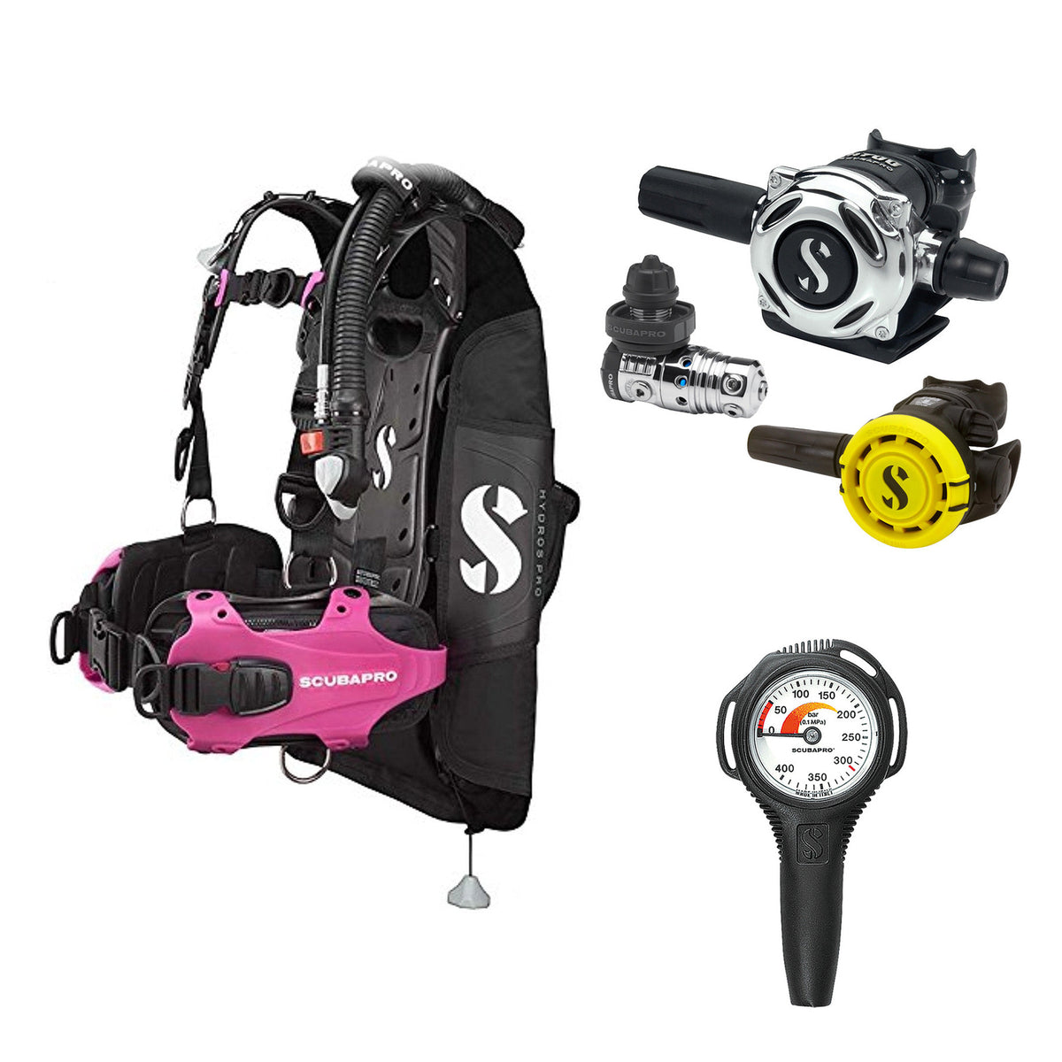 SCUBAPRO MK25 EVO / A700 regulator set with R105 octopus and Hydros Pro Ladies BCD in pink, with Compact SPG