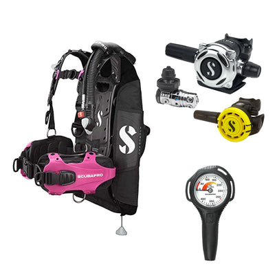 SCUBAPRO MK25 EVO / A700 regulator set with R105 octopus and Hydros Pro Ladies BCD in pink, with Compact SPG