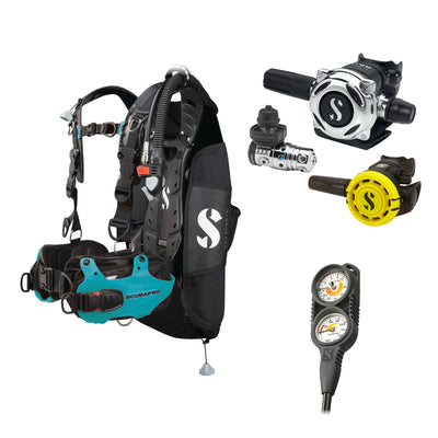 SCUBAPRO MK25 EVO / A700 regulator set with R105 octopus and Hydros Pro Ladies BCD in turquoise, with Compact Combo 2
