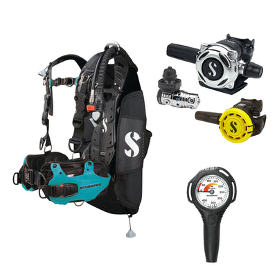 SCUBAPRO MK25 EVO / A700 regulator set with R105 octopus and Hydros Pro Ladies BCD in turquoise, with Compact SPG
