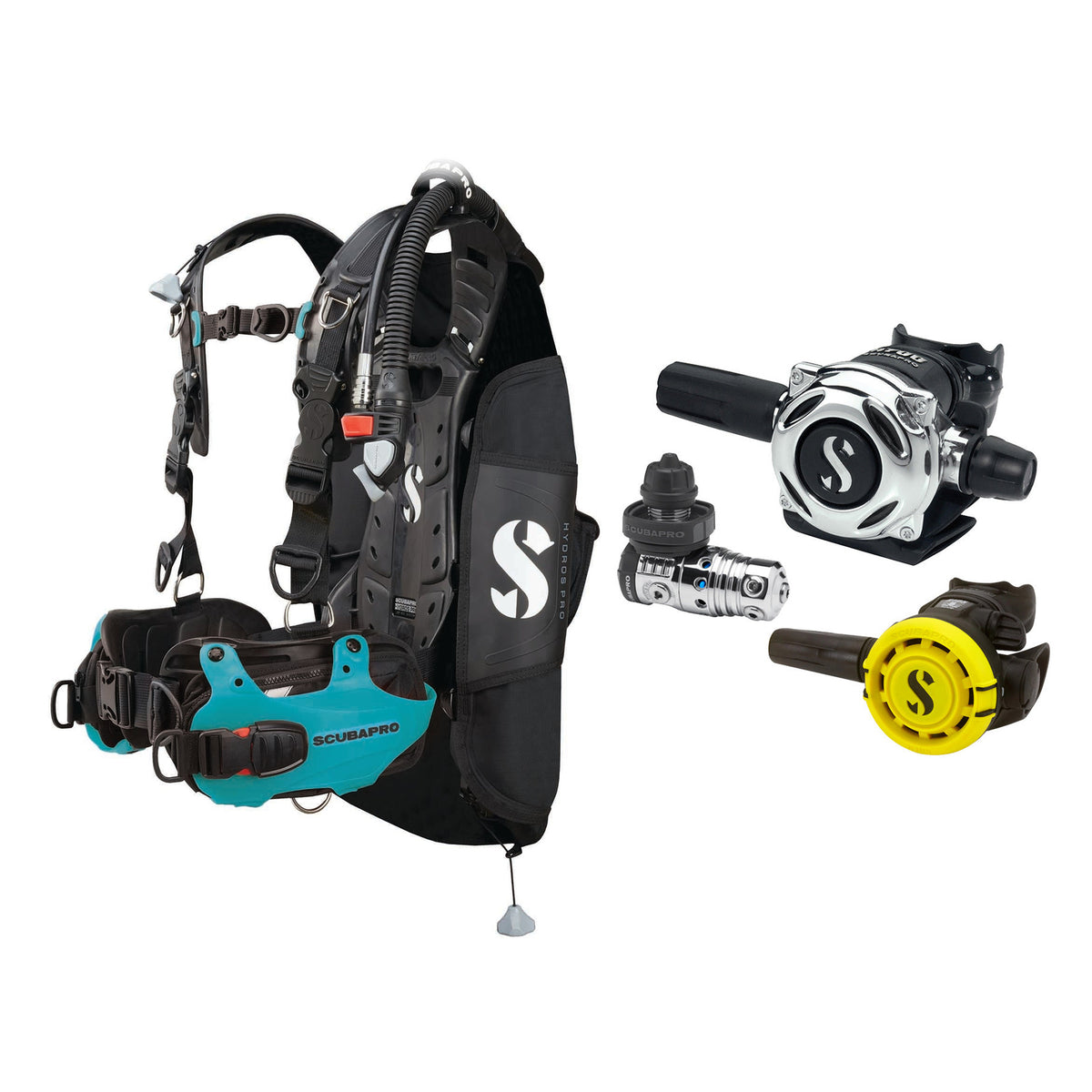 SCUBAPRO MK25 EVO / A700 regulator set with R105 octopus and Hydros Pro Ladies BCD in turquoise