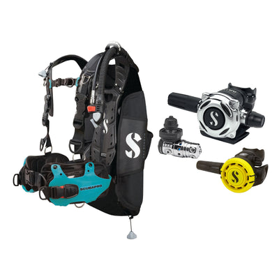 SCUBAPRO MK25 EVO / A700 regulator set with R105 octopus and Hydros Pro Ladies BCD in turquoise