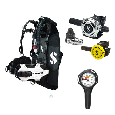 SCUBAPRO MK25 EVO / A700 regulator set with R105 octopus and Hydros Pro Ladies BCD in white, with Compact SPG