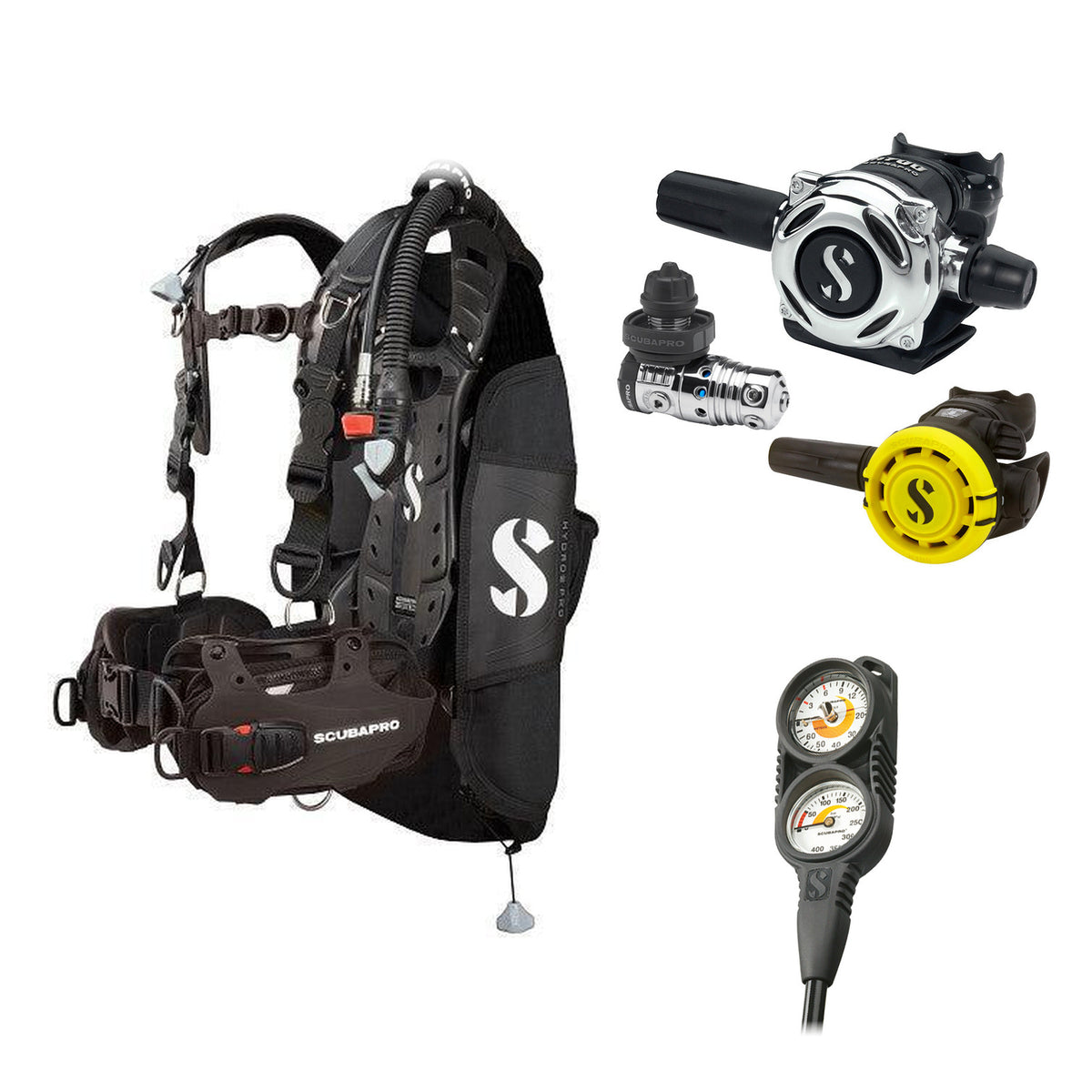 SCUBAPRO MK25 EVO / A700 regulator set with R105 octopus and Hydros Pro Mens BCD in all black, with Compact Combo 2