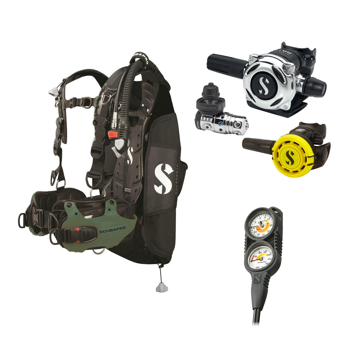 SCUBAPRO MK25 EVO / A700 regulator set with R105 octopus and Hydros Pro Mens BCD in army green, with Compact Combo 2