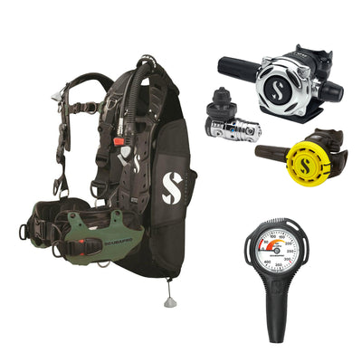 SCUBAPRO MK25 EVO / A700 regulator set with R105 octopus and Hydros Pro Mens BCD in army green, with Compact SPG