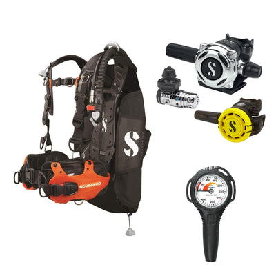 SCUBAPRO MK25 EVO / A700 regulator set with R105 octopus and Hydros Pro Mens BCD in orange, with Compact SPG