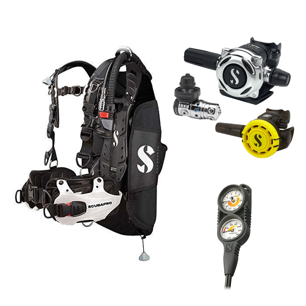 SCUBAPRO MK25 EVO / A700 regulator set with R105 octopus and Hydros Pro Mens BCD in white, with Compact Combo 2