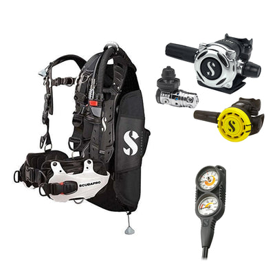 SCUBAPRO MK25 EVO / A700 regulator set with R105 octopus and Hydros Pro Mens BCD in white, with Compact Combo 2