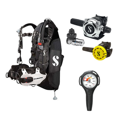 SCUBAPRO MK25 EVO / A700 regulator set with R105 octopus and Hydros Pro Mens BCD in white, with Compact SPG