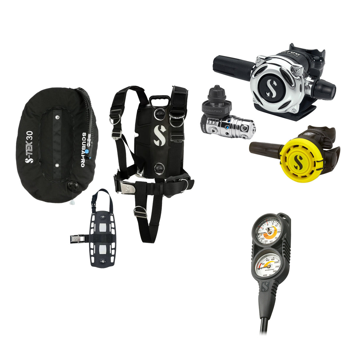 SCUBAPRO MK25 EVO / A700 regulator set with R105 octopus and S-TEK Pro BCD (stainless steel)