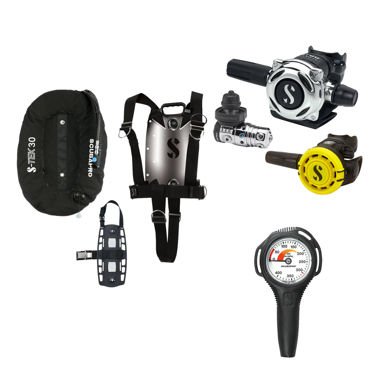 SCUBAPRO MK25 EVO / A700 regulator set with R105 octopus and S-TEK Pure BCD (stainless steel)