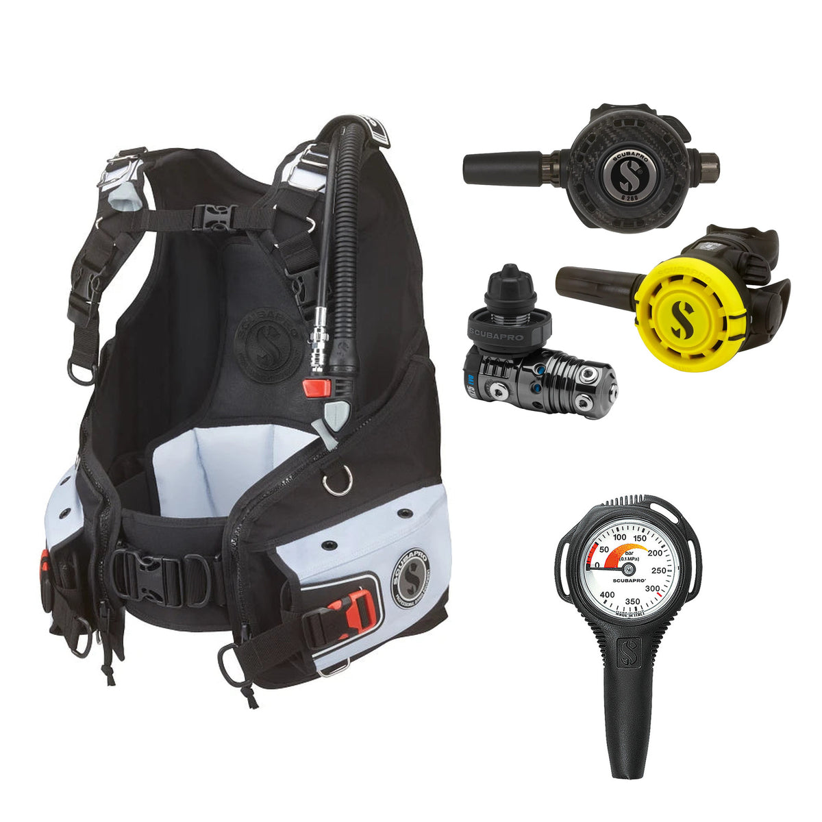 SCUBAPRO MK25 EVO / G260 CBT regulator set with R105 octopus and Bella BCD, with Compact SPG