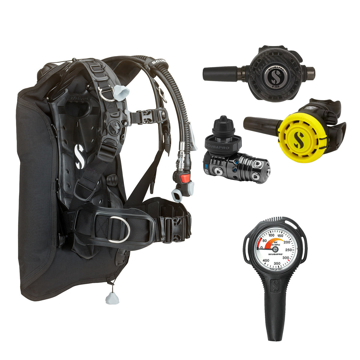 SCUBAPRO MK25 EVO / G260 CBT regulator set with R105 octopus and Hydros Core BCD, with Compact SPG