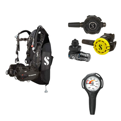 SCUBAPRO MK25 EVO / G260 CBT regulator set with R105 octopus and Hydros Pro Ladies BCD in black, with Compact SPG