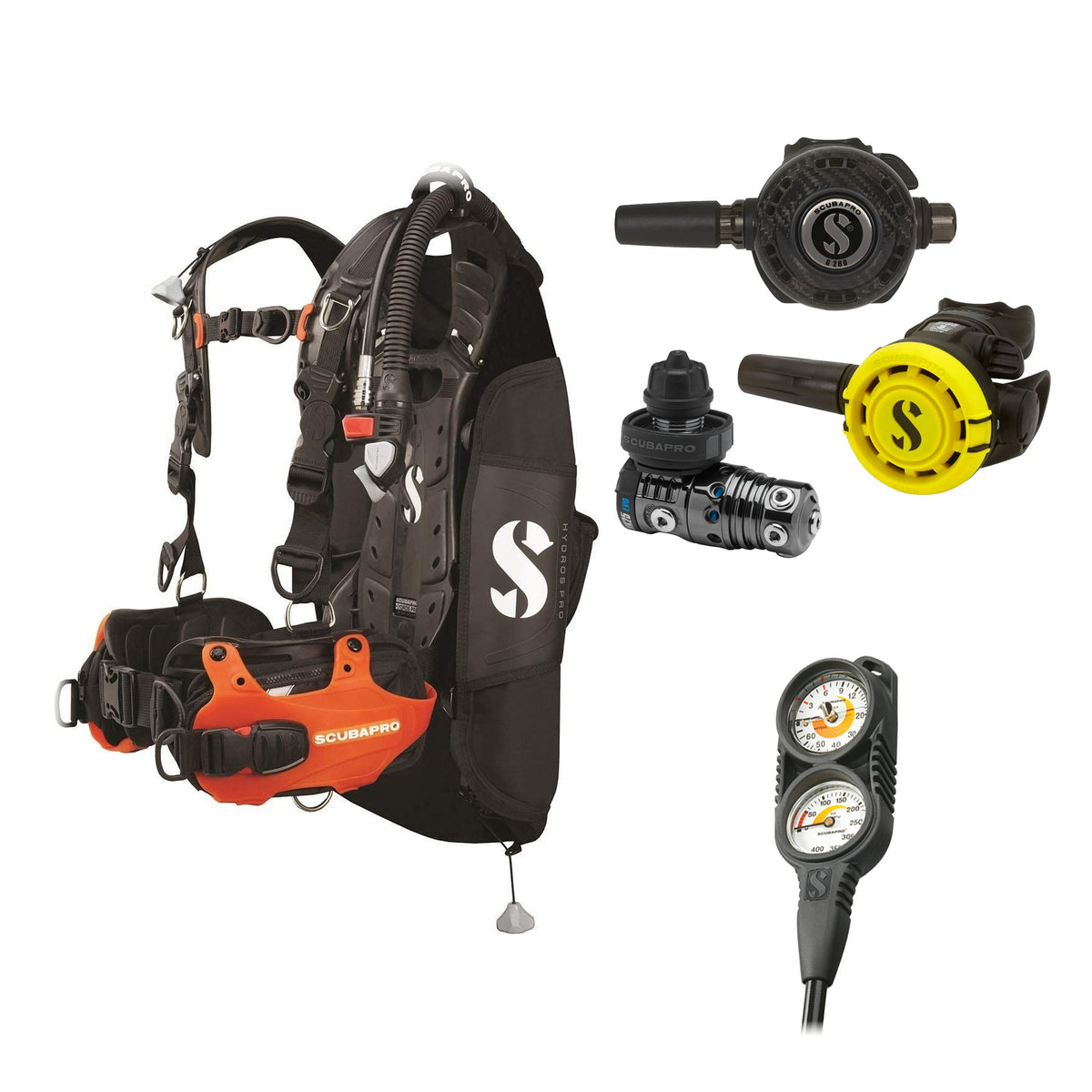 SCUBAPRO MK25 EVO / G260 CBT regulator set with R105 octopus and Hydros Pro Ladies BCD in orange, with Compact Combo 2