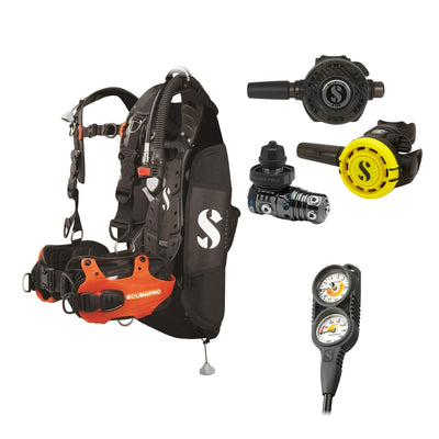 SCUBAPRO MK25 EVO / G260 CBT regulator set with R105 octopus and Hydros Pro Ladies BCD in orange, with Compact Combo 2